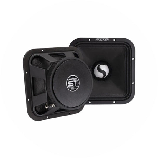 Kicker ST Subwoofer, Vorder- und Rückansicht des quadratischen Gehäuses